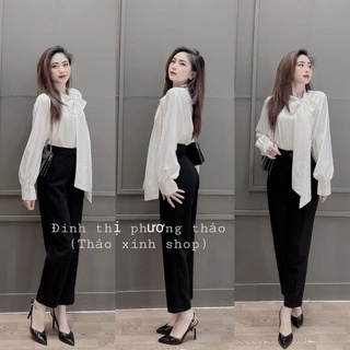 Áo sơ mi nữ công sở thắt nơ, quần baggy đen công sở