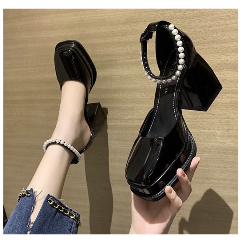 Sẵn hàng  _ Giày lolita , giày cao gót nữ đế trụ 9cm quai cài đính ngọc cao cấp
