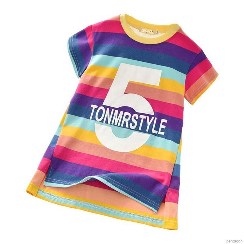 Đầm Thun Ngắn Tay Sọc Ngang Màu Cầu Vồng Cho Bé Gái