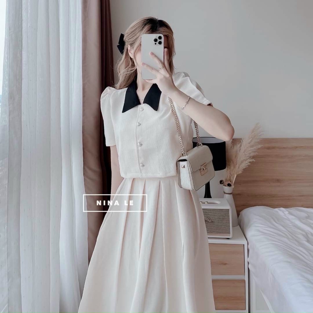 Set bộ đi chơi nữ set áo cổ đen cài nút thật kèm chân váy xòe dài xếp ly siêu xinh và dễ thương thời trang Bella