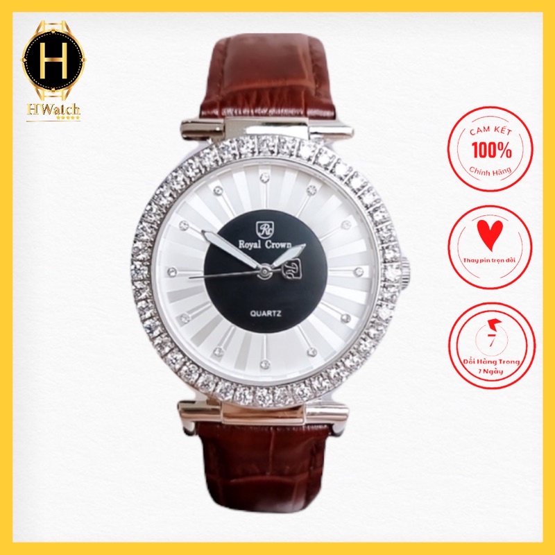 ĐỒNG HỒ NỮ ROYAL CROWN 4611P MẶT TRẮNG VIỀN ĐÍNH ĐÁ DÂY DA ĐỎ ĐÔ CHÍNH HÃNG