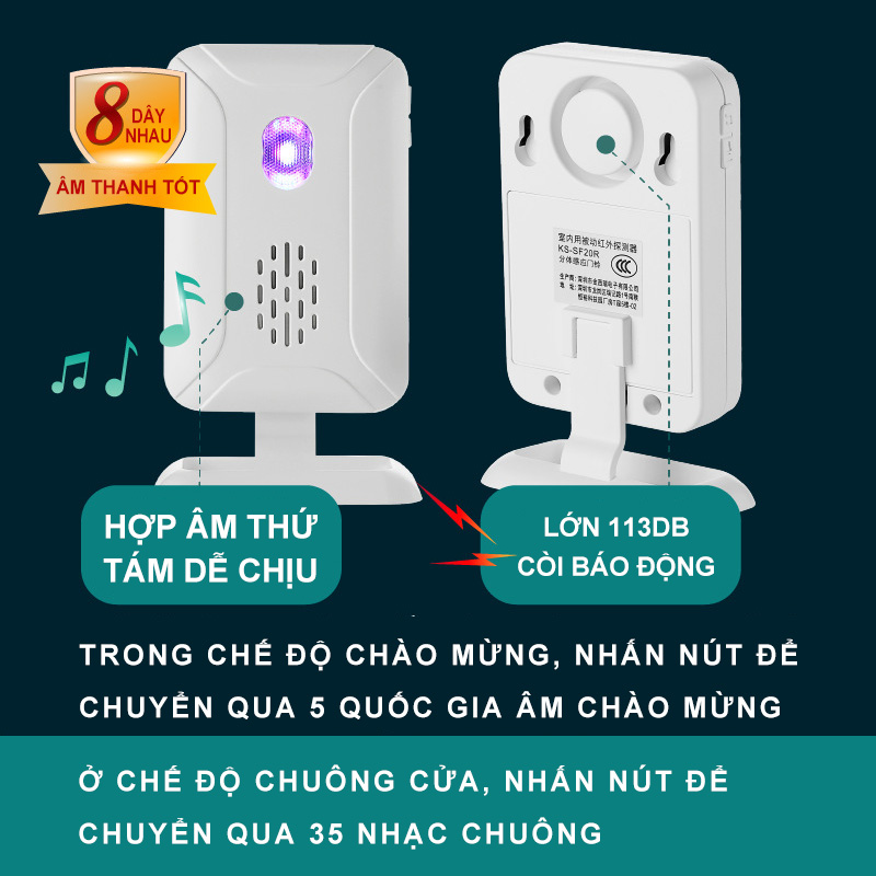 Chuông Báo Khách, Báo Động Hồng Ngoại Không Dây Cao Cấp CACAZI, Chuông Báo Động Có 5 Chế Độ Báo - NBMLQ