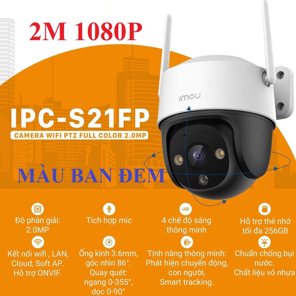 Camera Wifi PTZ IMOU  S21FP 2.0MP ngoài trời chống nước xoay 360độ, Có Míc (không loa), Chính hãng Fullbox 100%