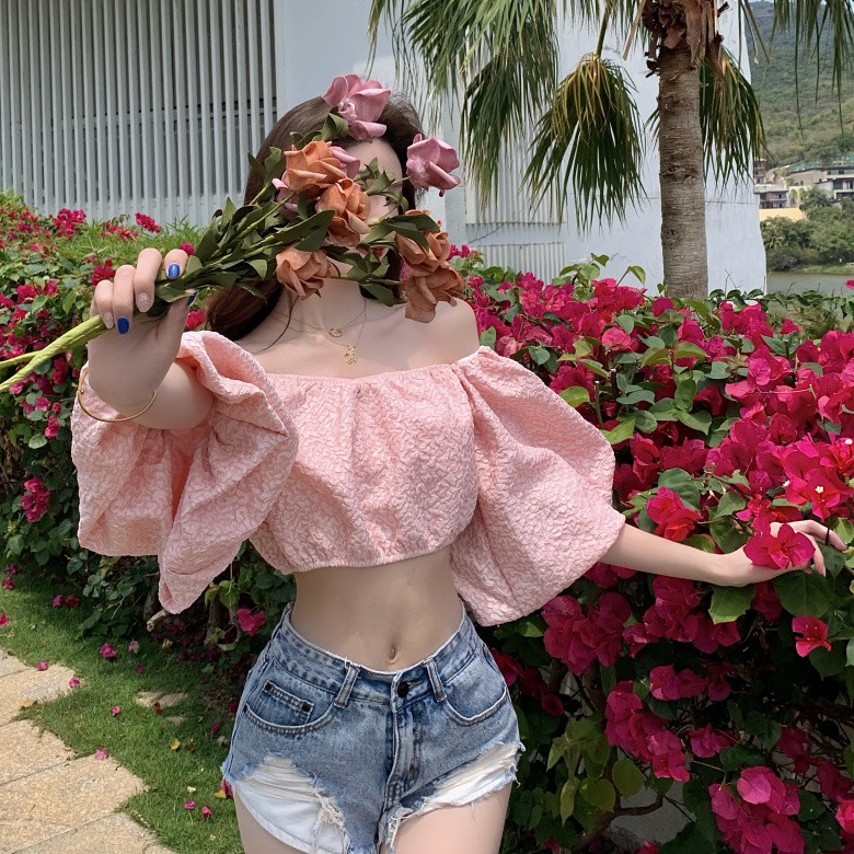 Korean jacquard tube top one-line neck blouse strapless sexy short top