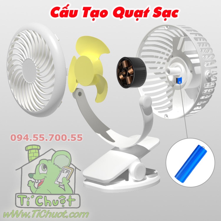 Quạt Sạc Clamp Fan Kẹp Bàn/ Xe Nôi Pin 2000mAh Siêu Êm