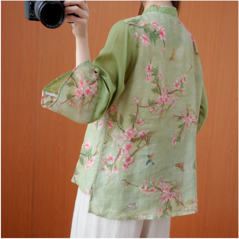 ☻ L O T U S ☻ Áo Kiểu Sườn Xám In Hoa Màu Xanh Lá Ca1551 - Bộ Sưu Tập Mới