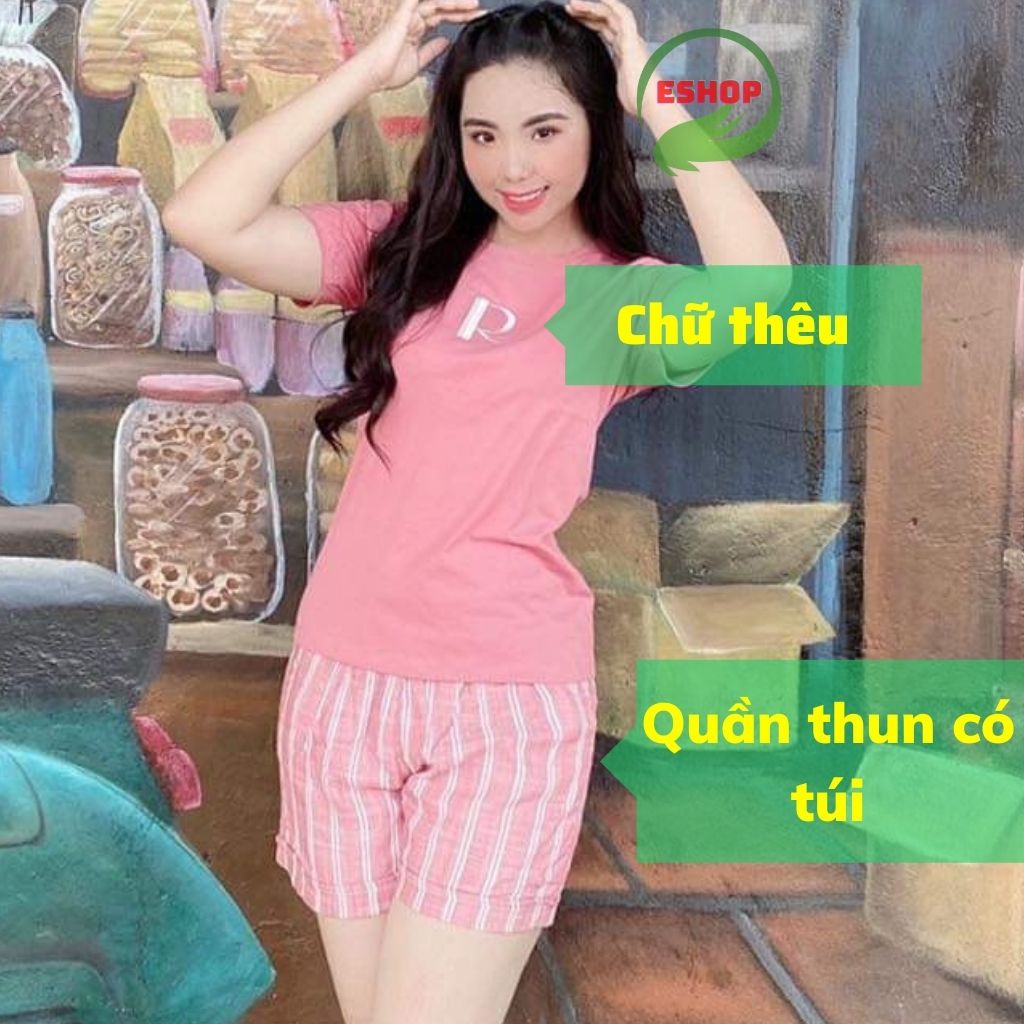 Đồ bộ nữ thun cotton co giãn thể thao bigsize dễ thương Đồ mặc nhà nữ đẹp Sét đồ bộ nữ quần đùi sọc chữ thêu ESHOP AD13