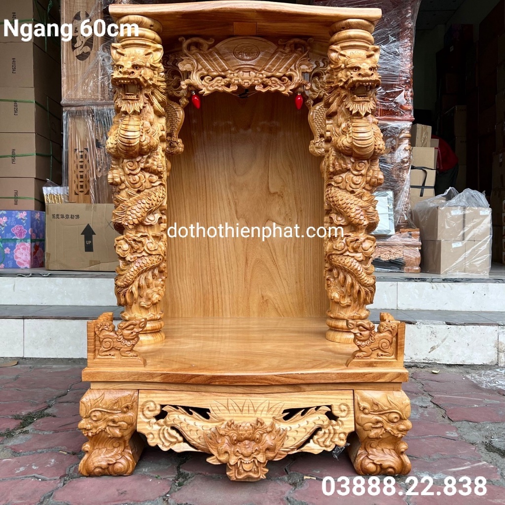 Bàn thờ thần tài ông địa gỗ gõ đỏ ngang 60cm rồng mây VIP mẫu mới rất đẹp