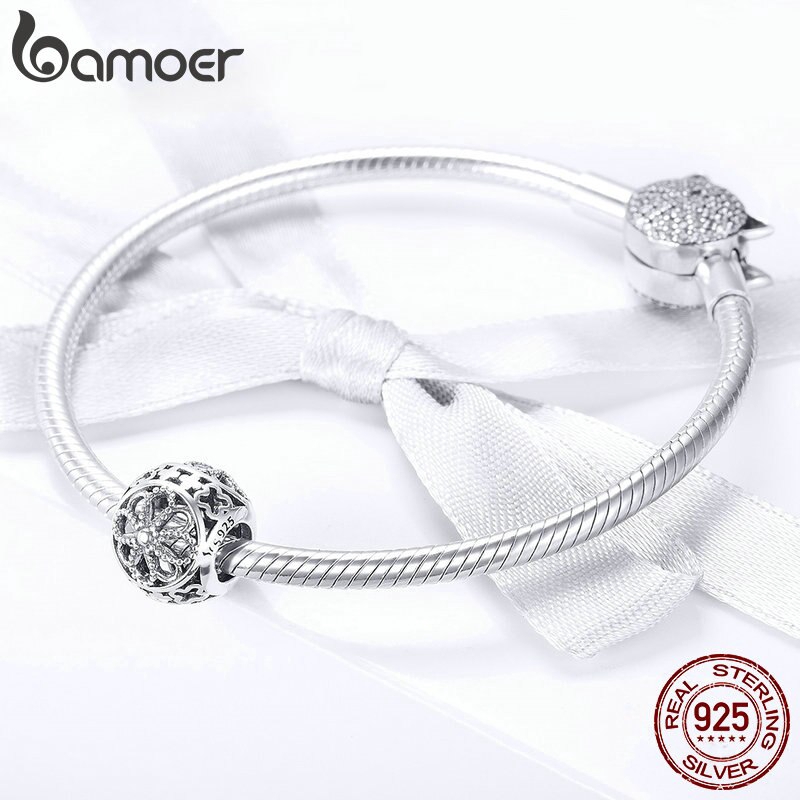 Hạt phụ kiện Bamoer bằng bạc 925 hình hoa dùng để làm vòng tay/dây chuyền thủ công xinh xắn