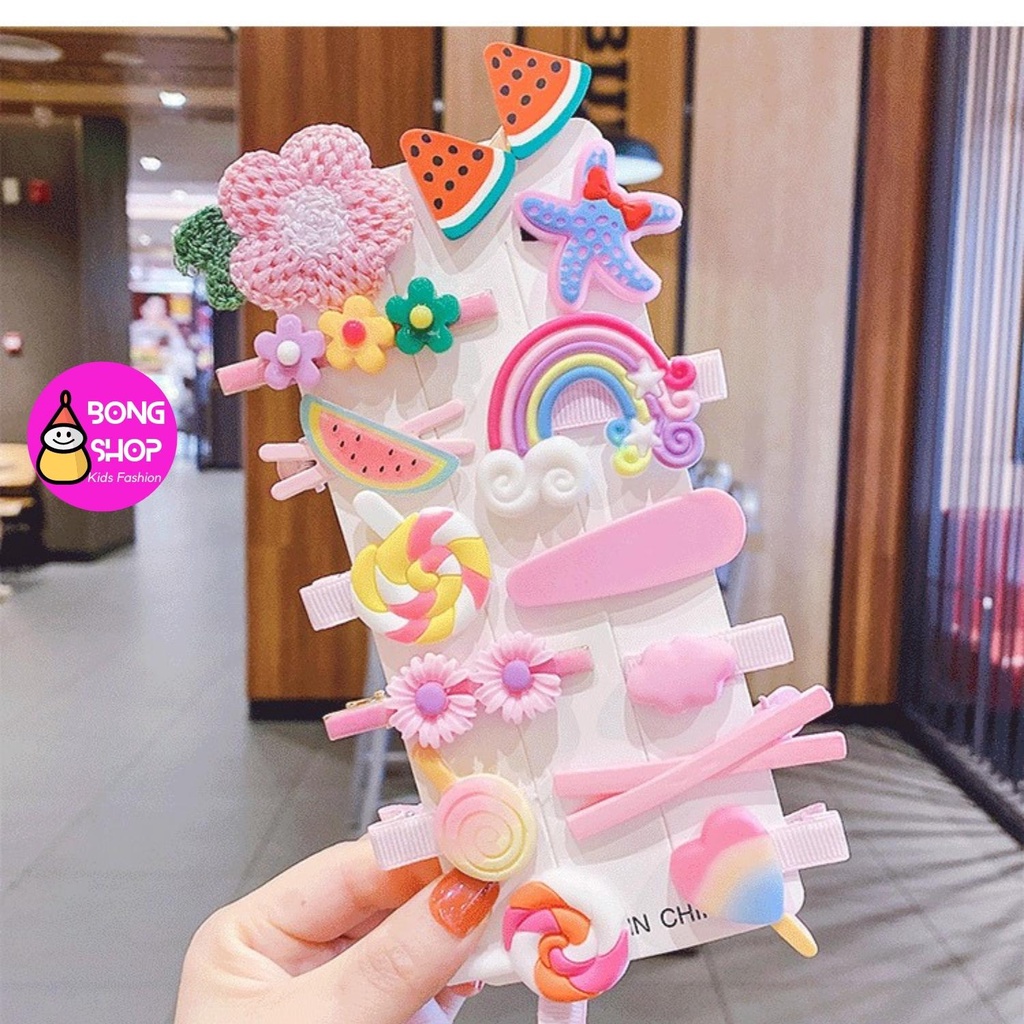 set 14 kẹp tóc hoạ tiết dễ thương cho bé