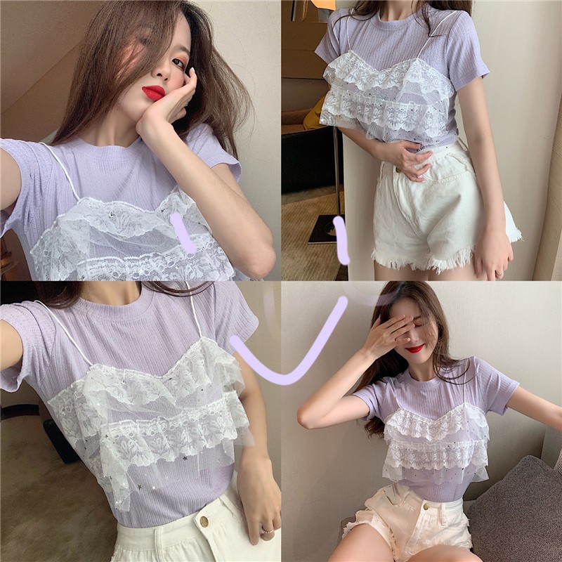 Áo Thun Tay Ngắn Giả Hai Lớp Phong Cách Hàn Quốc Cho Nữ | BigBuy360 - bigbuy360.vn