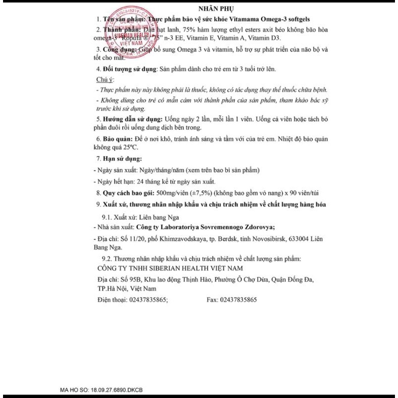 Viên bổ mắt và phát triển não bộ  Siberian VITAMAMA OMEGA 3 Softgels – 90 viên