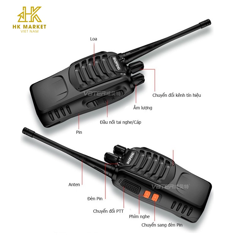 Combo 2 Bộ Đàm Baofeng 888s Bộ Đàm Chuyên Dụng Dung Lượng Kênh Lên Đến 16 Kênh
