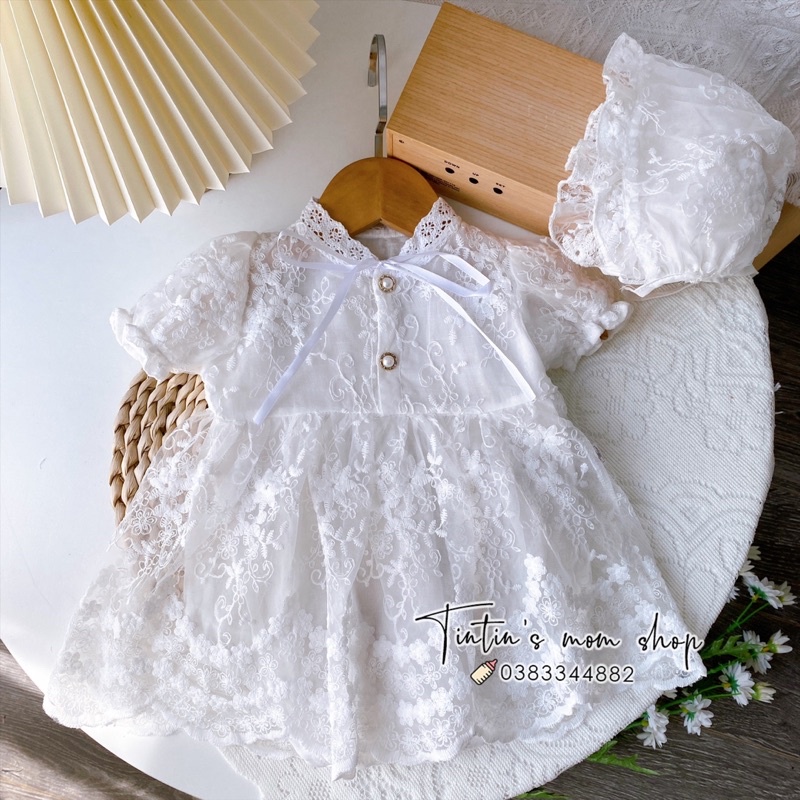 Set váy công chúa trắng thiết kế ren hoa nhí cho bé gái đầy tháng/ thôi nôi