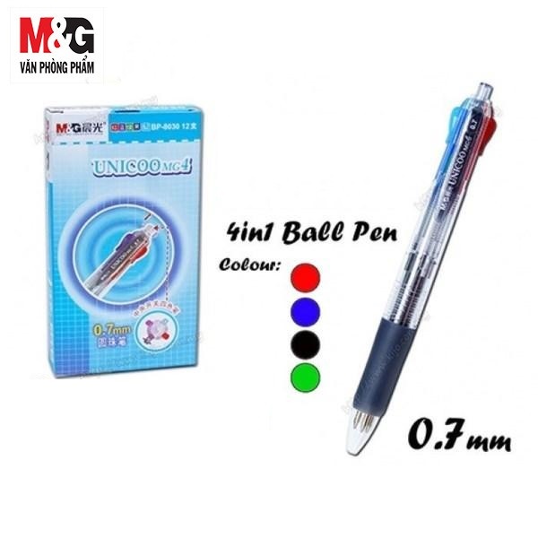 Bút bi 4 màu 0.7mm M&G - ABP80371 (MG-8030), Bút bi 4 màu: Đỏ - Đen - Xanh dương - Xanh lá