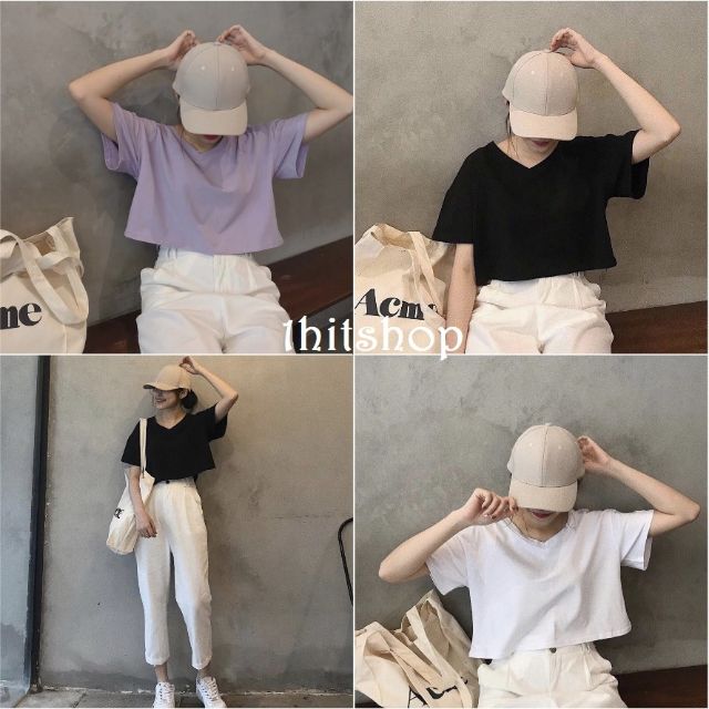 Áo thun croptop form rộng cổ tim