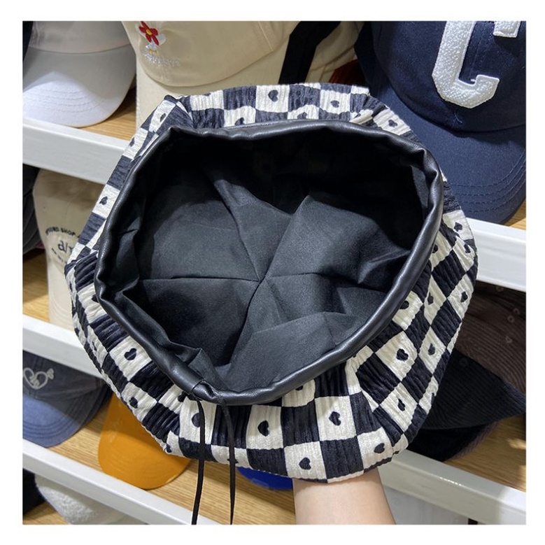 Mũ Nồi Nón Beret Họa Tiết Caro Hình Trái Tim