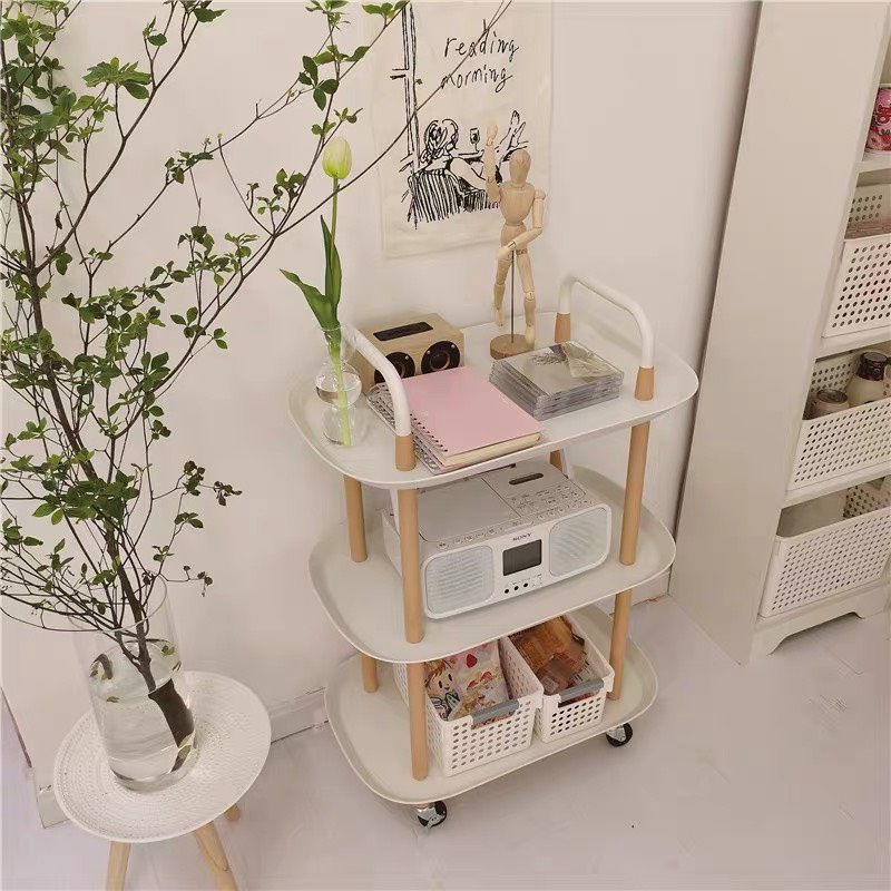 Giá, xe để đồ kiểu tròn, chữ nhật màu trắng đa chức năng xe đẩy đồ ăn nhẹ để bàn cạnh giường ngủ