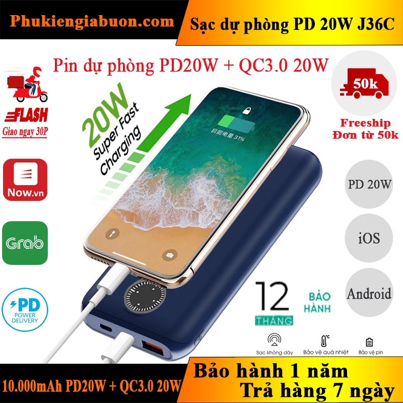 [Sạc Nhanh PD 20W] Sạc dự phòng 10000mAh - Chuẩn PD20W + QC3.0 20W ZUZG J36C Chính hãng