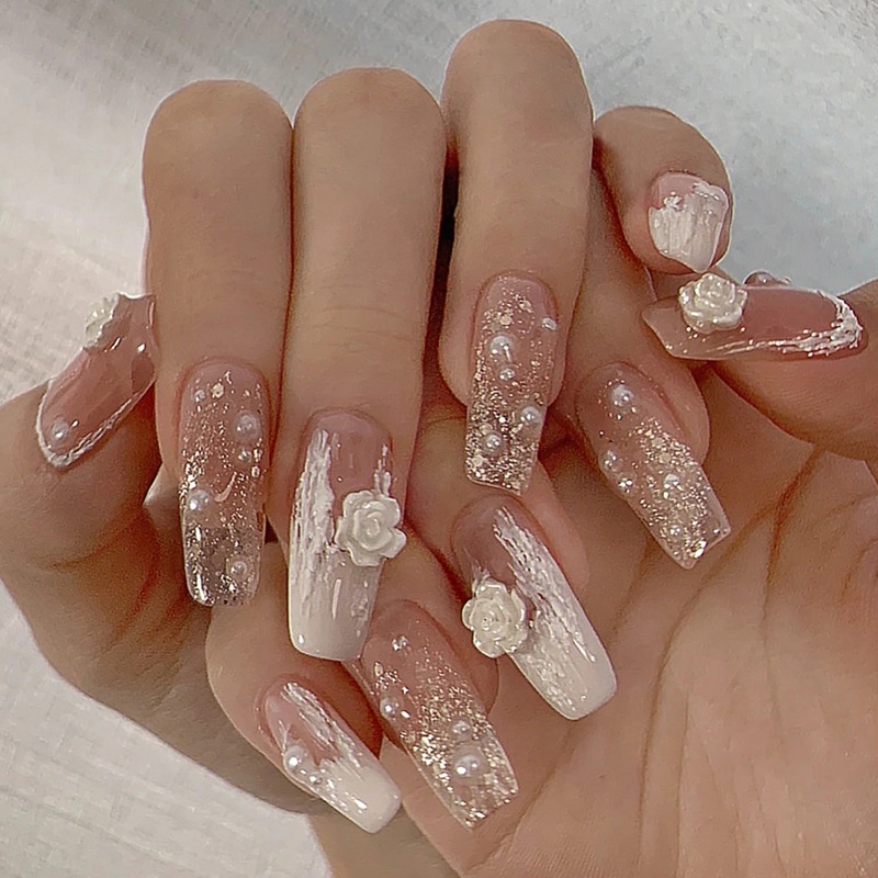 Bộ Móng Tay Giả Đính Ngọc Trai Trang Trí Nghệ Thuật