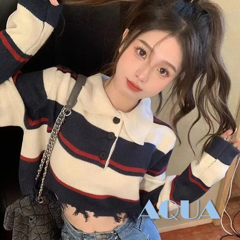 Áo Croptop Dệt Kim Tay Dài Cổ Tròn Màu Sắc Tương Phản Thời Trang Cho Nữ
