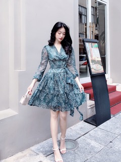Váy voan cổ tim tay dài buộc eo V624 KYMIE