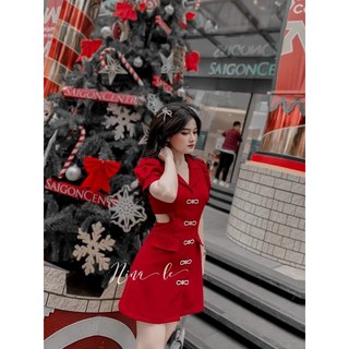 Đầm cổ vest khoét eo khoen nơ