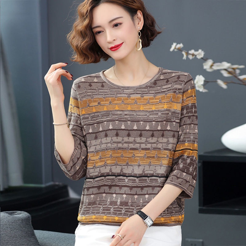 Áo Thun Dệt Kim Mỏng Tay Lỡ Thời Trang Xuân Thu Mới Dành Cho Phụ Nữ Trung Niên