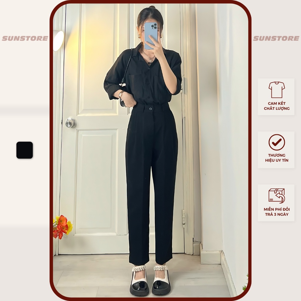 Quần baggy nữ cạp lưng cao đi học đi làm cạp có đai đeo dây nịt màu đen Q02 - Sunstore