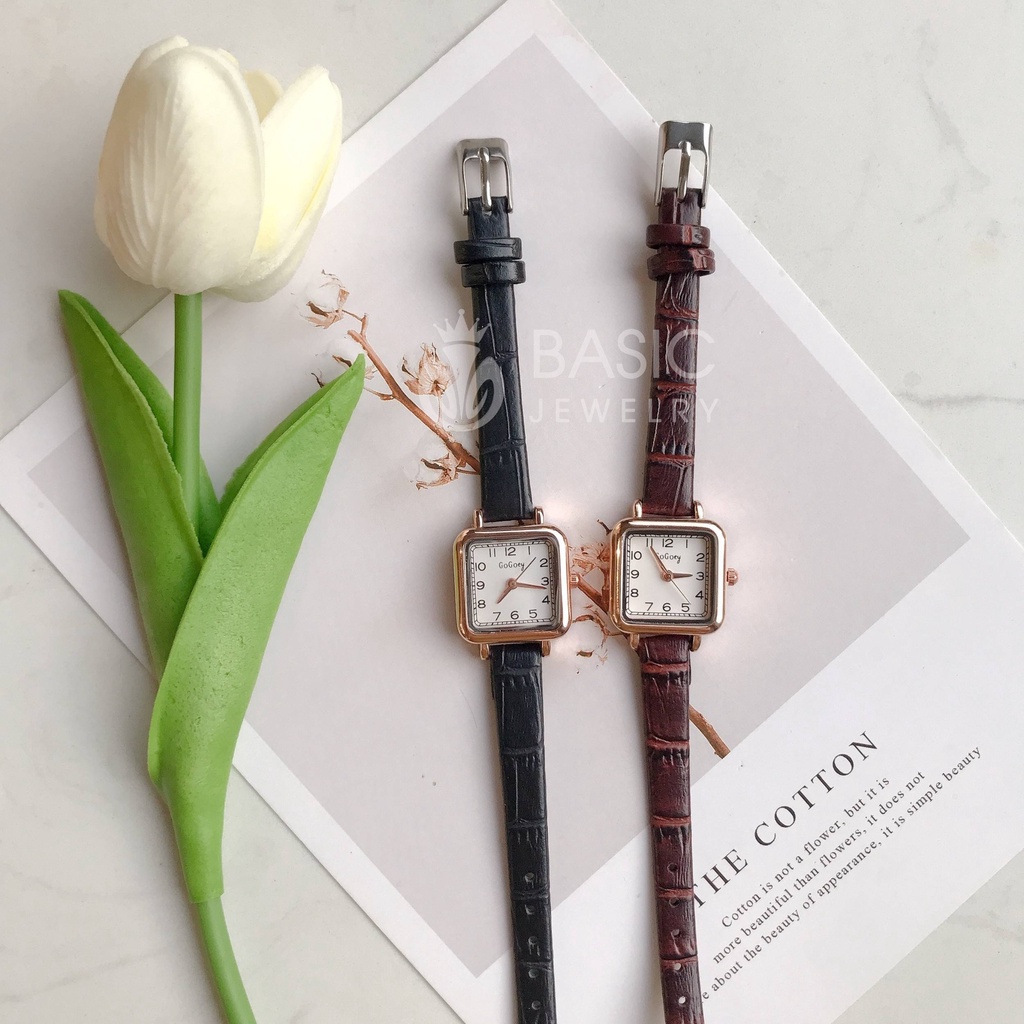 Đồng hồ nữ đeo tay Gogoey mặt vuông dây da thời trang vintage Basic Jewelry DH27
