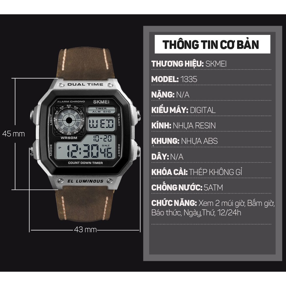 Đồng hồ Nam SKMEI 1335 điện tử bản dây da
