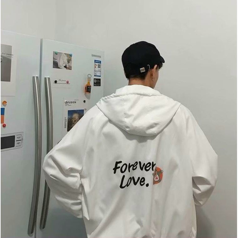Áo khoác dù 2 lớp có mũ in FOREVER LOVE, áo khoác gió chống nắng thời trang nam nữ đều mặc được