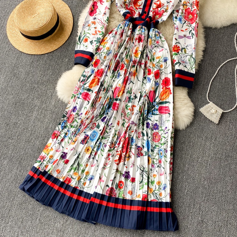 #1602  Đầm sơ mi tay dài xếp ly cổ sơ mi đủ size hoạ tiết hoa phong cách thanh lịch