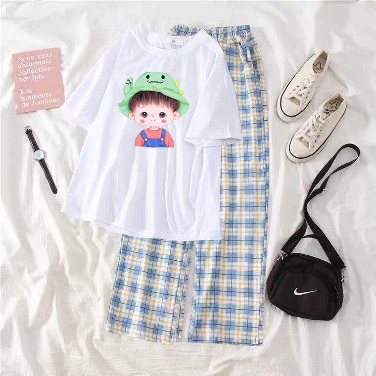 Sét áo Phông Bé socute + quần kẻ xanh,Áo thun from rộng, Chất đẹp không xù, quần suông ống rộng, Sét bộ mặc ở nhà - MODY