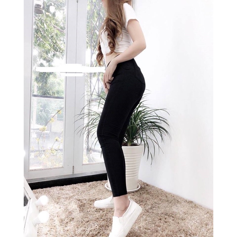 Quần legging dài nữ cạp cao nâng mông vải cotton dày mỏng co giãn - Quần legging nữ trơn ôm bó body dài 90-93cm
