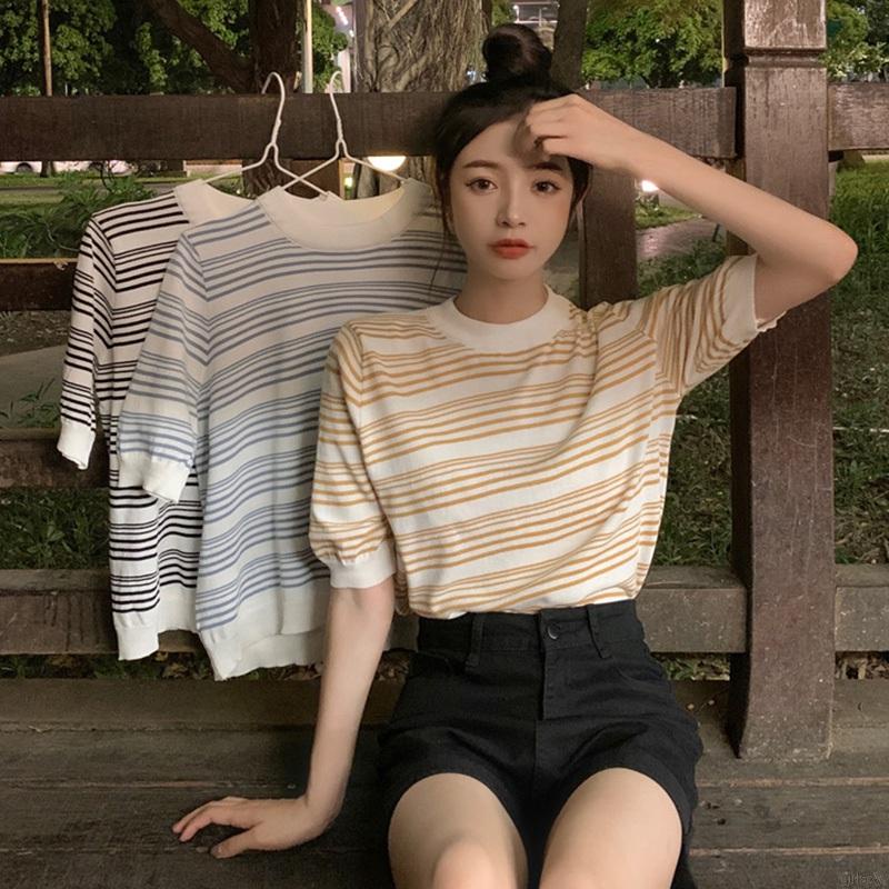 Áo Thun Dệt Kim Tay Ngắn Cổ Tròn Dáng Rộng Họa Tiết Kẻ Sọc Phong Cách Retro Hàn Quốc Cho Nữ