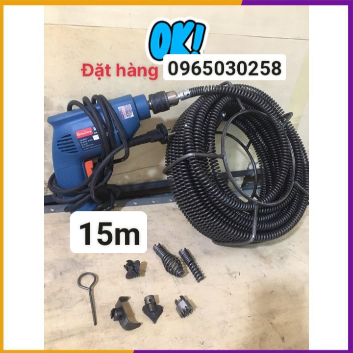 dây thông tắc cống phi 16 dài 15m gồm 6 đầu thông và 1 đầu kết nối máy khoan
