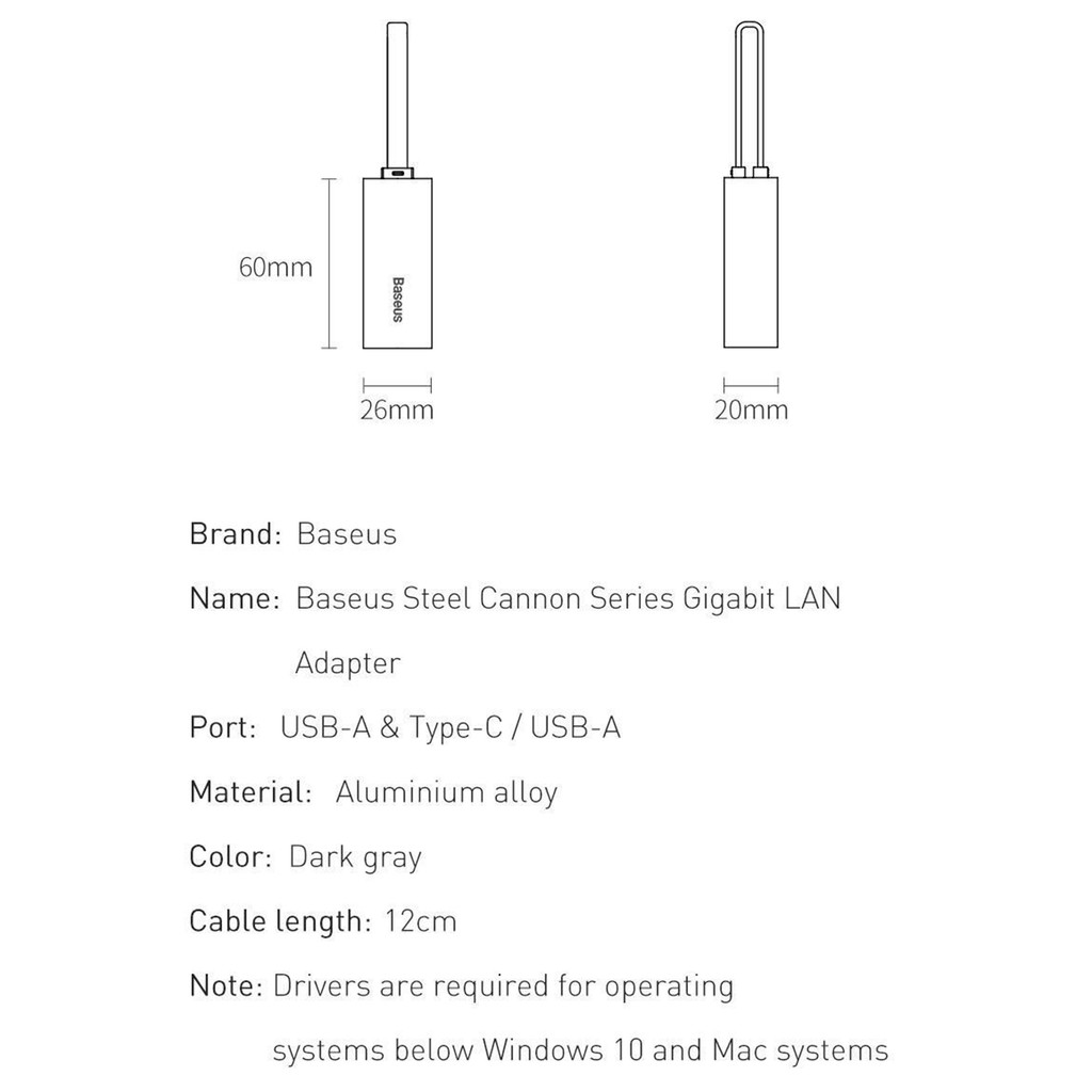 Đầu chuyển cổng USB Type A/Type-C sang cổng mạng LAN Baseus Steel Cannon Series (USB/Type-C to RJ45 Gigabit Network)