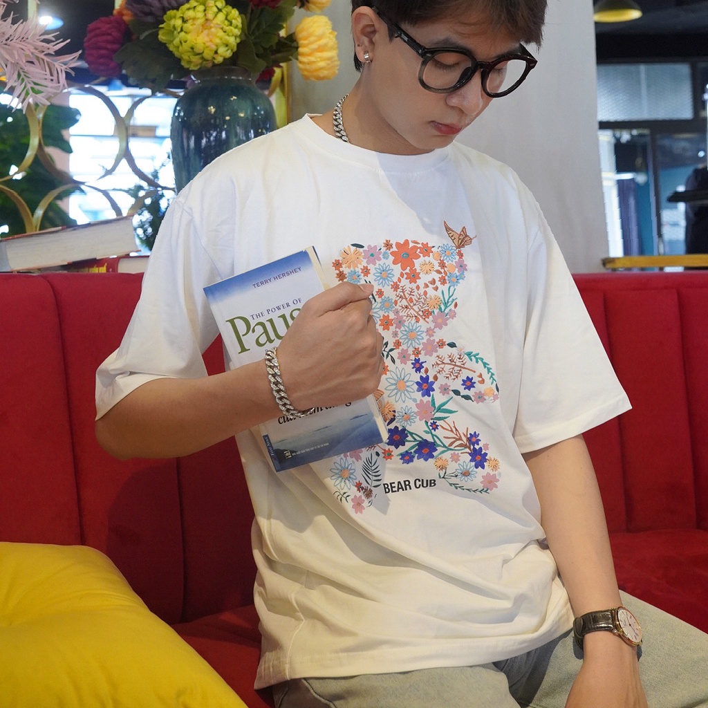 Áo thun tay lỡ AMIHOUSE gấu hoa unisex