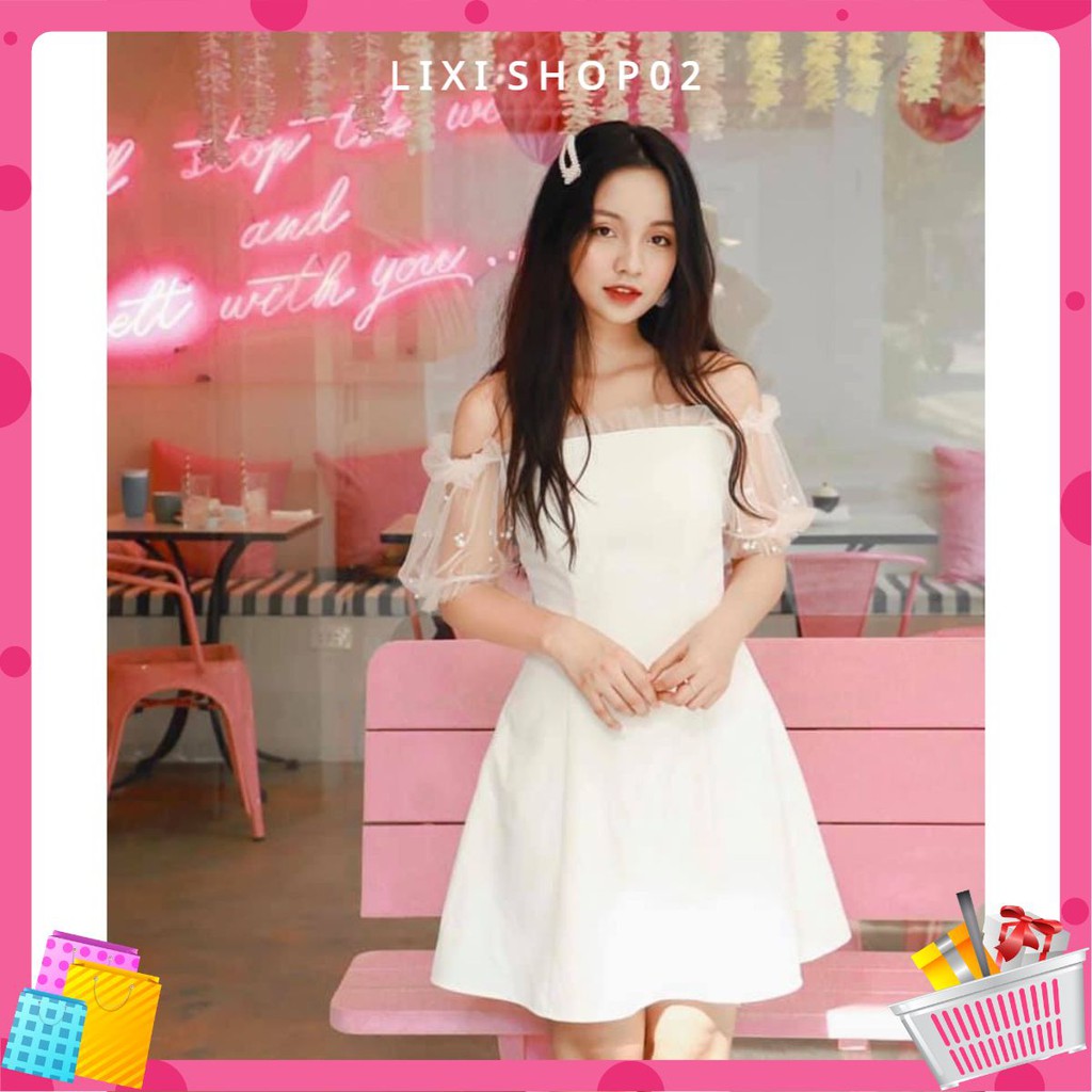 Váy nữ, Đầm trễ vai phối lưới đính hạt siêu xinh Vải loại 1 | BigBuy360 - bigbuy360.vn