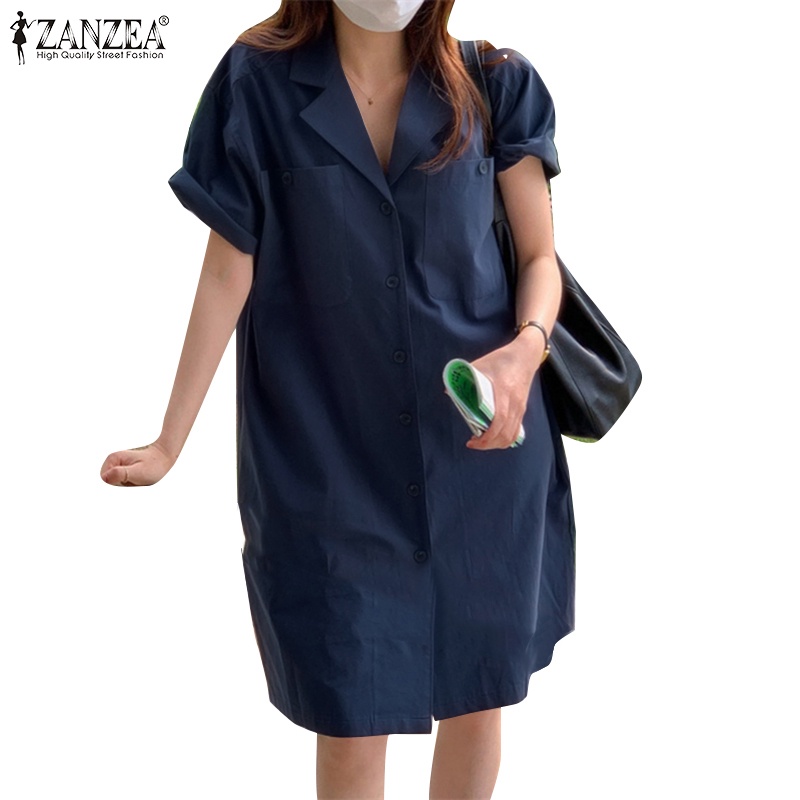 ZANZEA Đầm Midi Cài Nút Tay Ngắn Có Túi Thời Trang Cho Nữ