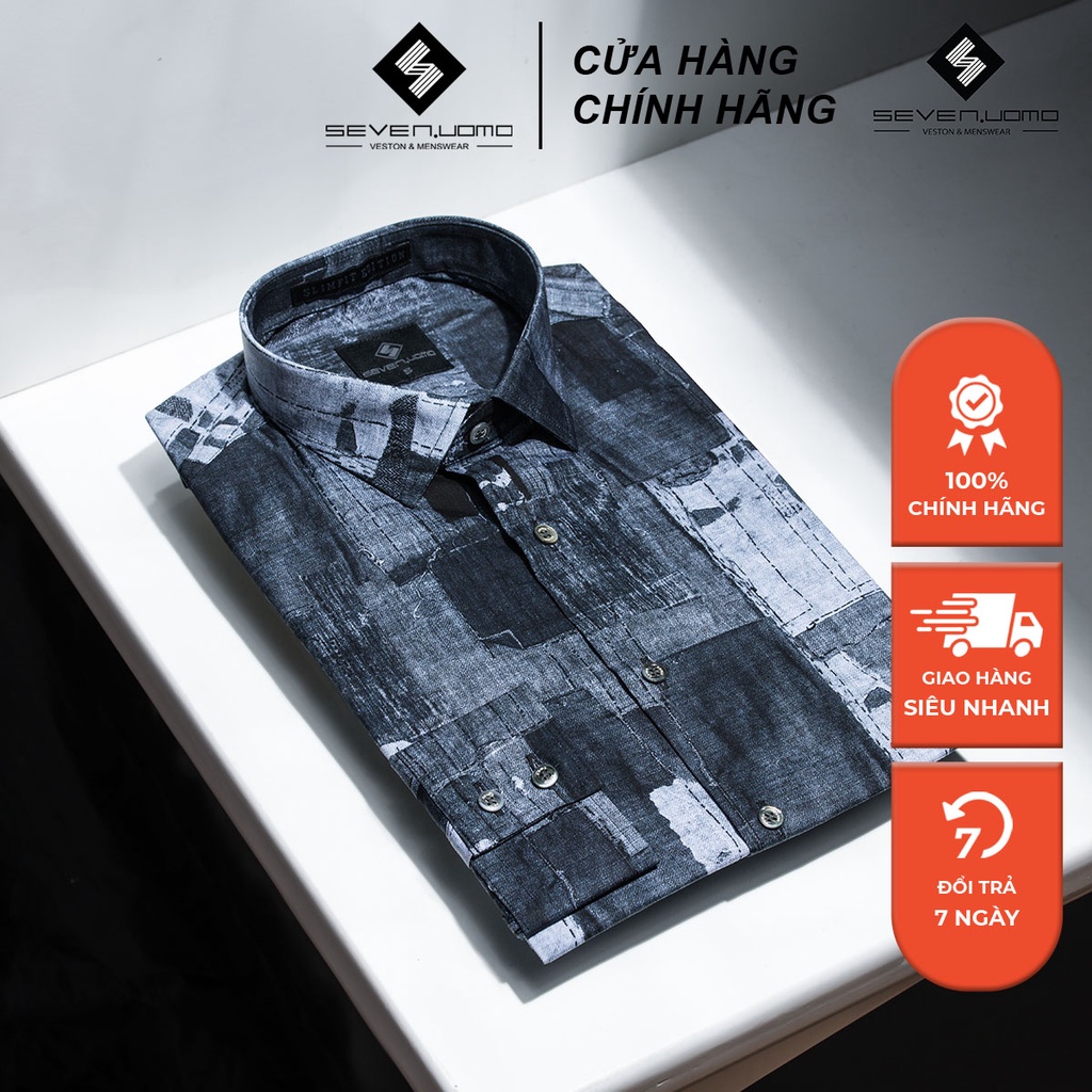 Áo Sơ Mi Nam Dài Tay SEVENUOMO Form Dáng Hàn Quốc, Không Nhăn, Vải Mịn Mát Form Vừa Họa Tiết Sơn Dầu HT32