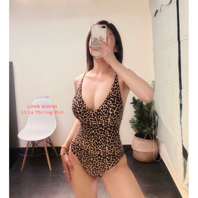 Bikini liền , đồ bơi nữ 1 mảnh da báo lưng dây đan chéo sexy