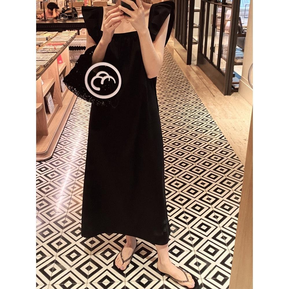 [LININ] Đầm Không Tay Cổ Vuông Dáng Rộng Màu Đen Phong Cách Hepburn Pháp Cổ Điển Thời Trang Mùa Hè