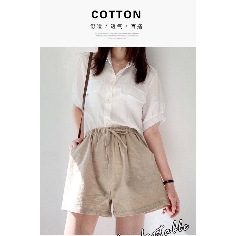 Quần Short Cotton Lanh Lưng Cao Ống Rộng Plus Size Cho Nữ