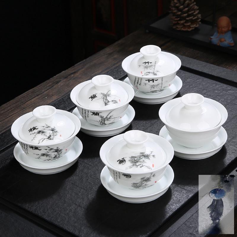Qingdu Chén Uống Trà Bằng Sứ Trắng Có Nắp Hình Hoa Lan Hoa Cúc Sancai Phiên Bản Giới Hạn Đặc Biệt