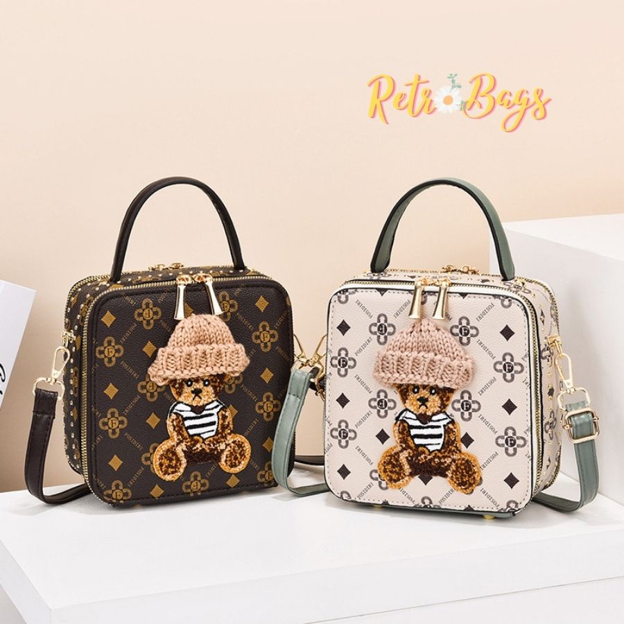 Túi tote nhỏ đeo vai kiểu vuông thiết kế gấu dễ thương thời trang nữ cao cấp Retro Bags RT-X02