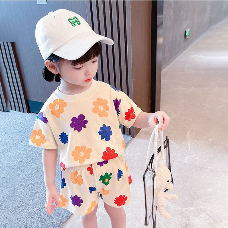 Set Đồ Thể Thao Gồm Áo Thun Cotton In Hoa + Quần Ngắn Mùa Hè Cho Bé Gái 2-7 Tuổi