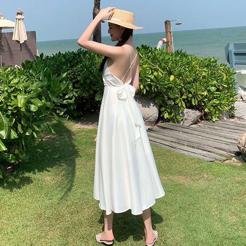 Đầm Hai Dây Dáng Dài Vải Satin Thời Trang Đi Biển Mùa Hè Quyến Rũ Cho Nữ