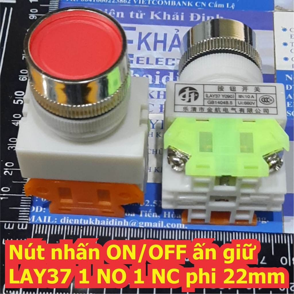 2 cái Nút nhấn công nghiệp ON/OFF ấn giữ LAY37 (PCBY090) 1 thường đóng 1 thường mở phi 22mm màu đỏ / x.lá kde6920